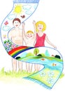 Child drawing of a happy Sports Family with kids,having fun outdoor Royalty Free Stock Photo