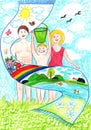 Child drawing of a happy Sports Family with kids, having fun outdoor Royalty Free Stock Photo