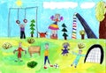 Child drawing of a happy Sports Family with kids,having fun outdoor Royalty Free Stock Photo