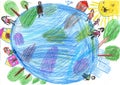 Child drawing of multicultural children holding hands around the world. World peace. No war Royalty Free Stock Photo