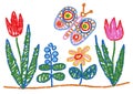 Child Drawing Styled Flowers and Butterfly