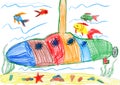 Child drawing. submarine and sea life