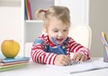 Child drawing at table,kid`s education.Little girl studies.Home learn.Toddler portrait Royalty Free Stock Photo