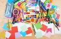 Child drawing top view. Artwork workplace with creative accessories. Flat lay art tools for painting. Royalty Free Stock Photo