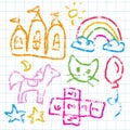 Child drawings set with crayon rough strokes. Kids doodle, children crayon drawing and hand drawn castle rainbow, horse Royalty Free Stock Photo