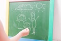child draws with chalk on a green blackboard family, happy family, Royalty Free Stock Photo