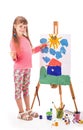 The child draws a house. Children's painting. Little girl draws the sun. The schoolboy does his homework in art Royalty Free Stock Photo