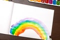 Child draws paints on a paper. Children& x27;s hands in kindergarten painting hearts with temperas and a brush on a sheet Royalty Free Stock Photo