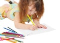 Child draws a picture with colored pencils Royalty Free Stock Photo