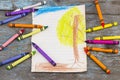 The child draws a tree . Handmade. Project of children`s creativ Royalty Free Stock Photo
