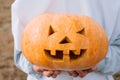 Child dressed Halloween costume holding carved pumpkin.