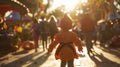 A child dressed in a Halloween costume running towards the haunted house ride with excitement parents following close Royalty Free Stock Photo