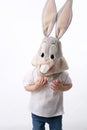 Child Dressed In Rabbit Mask, Practicing For Halloween