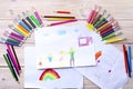 The child drew a birthday card with his family. The drawing was made by a child using colored markers and pencils. Happy family. Royalty Free Stock Photo
