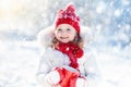 Child drinking hot chocolate in winter park. Kids in snow on Christmas. Royalty Free Stock Photo