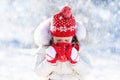 Child drinking hot chocolate in winter park. Kids in snow on Christmas. Royalty Free Stock Photo