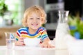 Child eating breakfast. Kid with milk and cereal Royalty Free Stock Photo