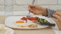 Child Eating Breakfast in Kitchen, Kid Eats Healthy Food Eggs, Girl Vegetables