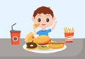 A Child Is Eating Fast Food Background Vector Illustration With Foods For Burger, Pizza, Donuts, French Fries, Hot Dog or Cola. Royalty Free Stock Photo