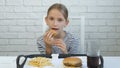 Child Eating Hamburger, Kid in Fast Food Restaurant, Girl Drinking Juice