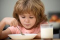 Child eating healthy food. Cute little boy having soup for lunch. Royalty Free Stock Photo