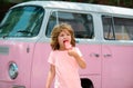 Child eating icecream. Close up portrait european boy child witn ice cream. Royalty Free Stock Photo