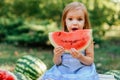 Child eating watermelon in the garden. Kids eat fruit outdoors. Healthy snack for children. 2 years old girl enjoying watermelon Royalty Free Stock Photo