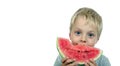 Child eating watermelon isolated on white. Royalty Free Stock Photo