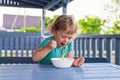 Child eats spaghetti pasta. Selective focus. Royalty Free Stock Photo