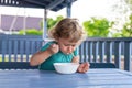 Child eats spaghetti pasta. Selective focus. Royalty Free Stock Photo