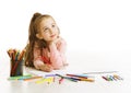 Child Education Concept, Kid Girl Drawing and Dreaming School Royalty Free Stock Photo