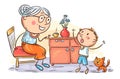 Child emotionally speaking with his granny, grandmother and kid, cartoon illustration