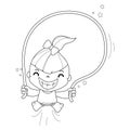 Girl playing, jumping rope. Child exercising and having fun. Vector black and white coloring page. Royalty Free Stock Photo