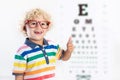 Child at eye sight test. Kid at optitian. Eyewear for kids. Royalty Free Stock Photo