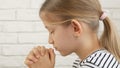 Child Face Praying Before Eating, Kid in Kitchen, Girl Portrait Meditating Royalty Free Stock Photo