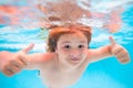 Child face underwater with thumbs up. Kid swimming in pool underwater. Child boy swim under water in sea. Summer kids Royalty Free Stock Photo