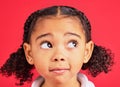 Child, face and worried eyes in thinking, curious and anxiety expression on isolated red background. Zoom, headshot and Royalty Free Stock Photo