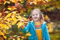 Child in fall park. Kid with autumn leaves Royalty Free Stock Photo