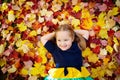 Child in fall park. Kid with autumn leaves Royalty Free Stock Photo