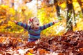 Child in fall park. Kid with autumn leaves Royalty Free Stock Photo