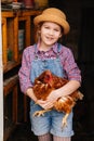 a little girl holds a red hen in a chicken coop. laying hen.