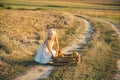 Child farmer in the farm with countryside background. Happy little farmer having fun on field. Child harvesting on the