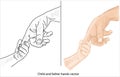 Child and father hands. Boy holding father`s fingers. Tiny hands and big hands. Father and son hand drawing vector
