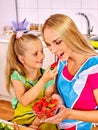 Child feed mother at kitchen