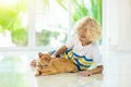 Child feeding home cat. Kids and pets Royalty Free Stock Photo