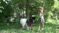 Child Feeding Goat in Courtyard, Farmer Girl Pasturing Animals in Garden 4K