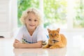 Child feeding home cat. Kids and pets Royalty Free Stock Photo