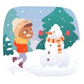 Child feeling shiver and tremble in winter weather, guy in warm clothes making snowman Royalty Free Stock Photo