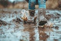 Child Feet in Dirty Puddle Close-Up, Small Rubber Boots in Mud, Mud Boosts Kids Immune System