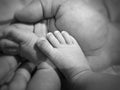 Child feet with tiny fingers in mom& x27;s hands